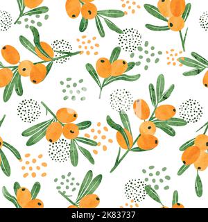 Seamless watercolor sea buckthorn pattern. Vector illustration of orange berries. Stock Vector