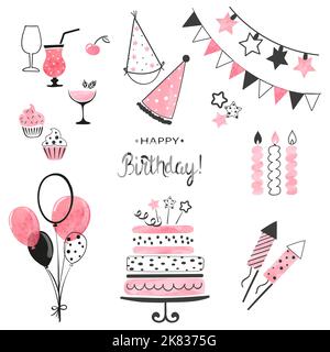 Birthday party icon set in pink and black colors. Vector hand drawn illustration Stock Vector