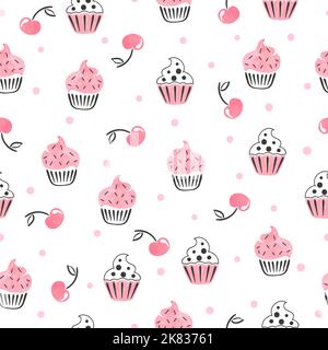 Sweet cupcakes seamless pattern. Vector background with cakes and cherry Stock Vector