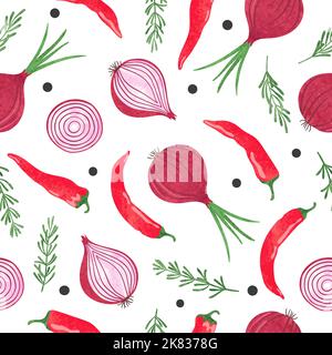 Seamless watercolor vegetable pattern with red onion, hot pepper and rosemary. Stock Vector