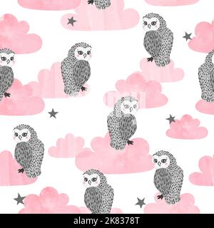 Seamless vector pattern with cute watercolor owls and clouds. Stock Vector