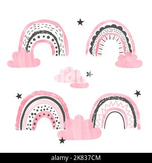 Pink watercolor hand drawn rainbows set. Vector  cute illustration for kids. Stock Vector