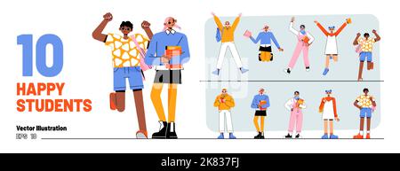 Set of happy students, school children, multicultural young girls and boys with backpacks holding books and smartphones. Happy diverse teenagers, clas Stock Vector