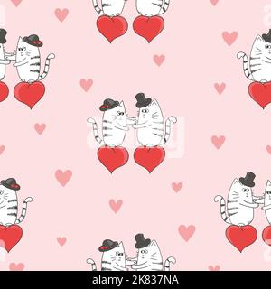 Cute cats in love pattern. Valentines day seamless background. Stock Vector