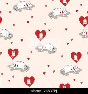 Seamless cute cat in love pattern. Valentines day vector background. Stock Vector