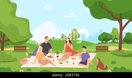 Summer picnic and recreation. Group of friends chilling and eating food in city park. Young man and woman sitting on blanket drinking wine with pizza. Stock Vector