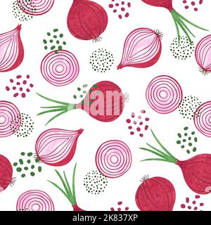 Seamless watercolor red onion pattern. Vegetable vector background. Stock Vector