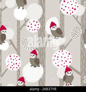 Seamless abstract Christmas pattern with cute owls and trees. Stock Vector