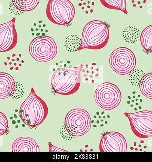 Seamless red onion pattern. Vegetable vector background. Stock Vector