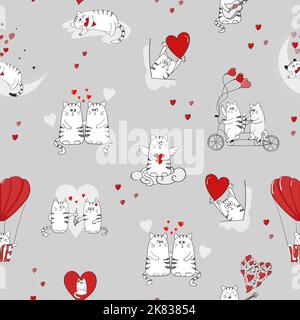 Cute cats in love pattern. Valentines day seamless background. Stock Vector