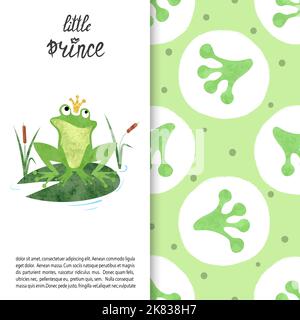 Watercolor cartoon Frog prince on lily pad vector illustration. Frog footprints pattern. Stock Vector