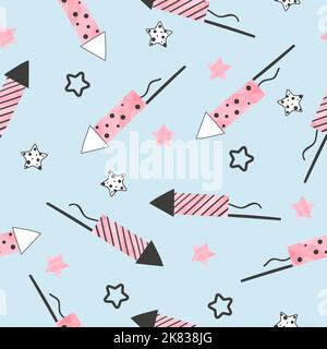 Celebration background with firework rockets. Seamless firecrackers pattern. Stock Vector