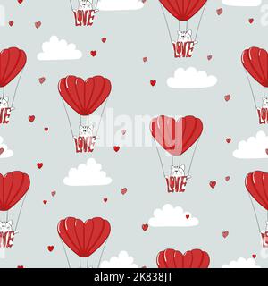 Seamless cute cat in love pattern. Valentines day vector illustration. Stock Vector