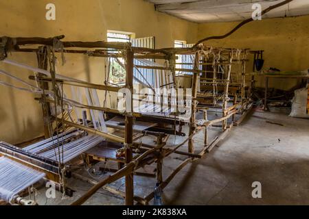 WOLLEKA, ETHIOPIA - MARCH 14, 2019: Looms in Ploughshare Women's workshop in Wolleka village, Ethiopia. Stock Photo