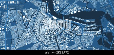 Detailed blue vector map poster of Amsterdam city administrative area. Skyline panorama. Decorative graphic tourist map of Amsterdam territory. Royalt Stock Vector