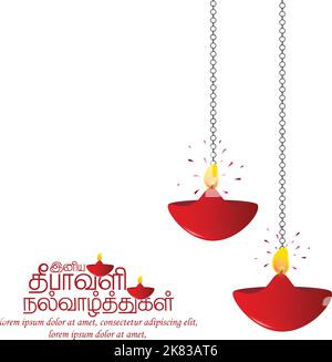 Vector illustration or greeting card for Diwali festival with Diwali elements. Translate Happy Diwali Tamil Text. Stock Vector