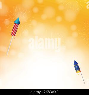 Festive fireworks on yellow colorful bokeh background. Fireworks background. Copy space for your text. Vector illustration Stock Vector