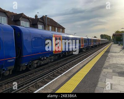 Datchet, Berkshire, UK. 19th October, 2022. A South Western Railway train at Datchet Station. The RMT have announced that further rail strikes will take place on 3rd, 5th and 7th November 2022. Rail employees are striking over pay, job losses and planned ticket office closures. Credit: Maureen McLean/Alamy Stock Photo