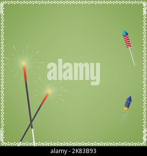 Happy Diwali celebration background. Festival banner design decorated with firecrackers on green background. Stock Vector