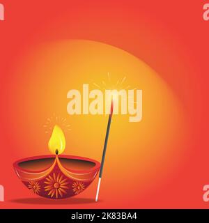 Happy Diwali, Diya oil lamp with crackers magical light. Sparkler. Stock Vector