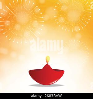 Happy Diwali, Diya oil lamp with crackers on yellow bokeh background illustration. Festival of lights. Stock Vector