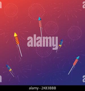 Colorful firework rocket flying with festive firecrackers bursting in different patterns on colorful background. Fireworks background. space for your Stock Vector