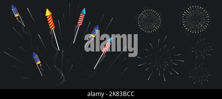 Fireworks set. Colorful firework composition images of fireworks dots in different patterns on black background Stock Vector