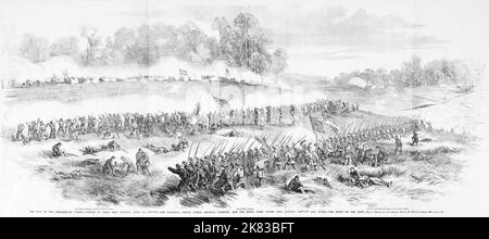 The War in the Shenandoah Valley - Battle of Cross Keys, Sunday, June 8th, 1862, between the National forces under General John Charles Frémont, and the Rebel Army under Generals 'Stonewall' Jackson, J. E. B. Stewart and  Richard Stoddert Ewell - The fight on the left - General Louis Blenker's Brigade. 19th century American Civil War illustration from Frank Leslie's Illustrated Newspaper Stock Photo