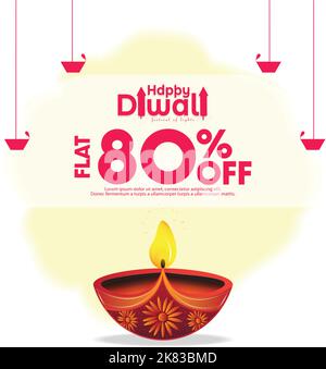 Happy Diwali Flat 80% Off. Vector design of big oil lamp on white background. Diwali Sale Stock Vector