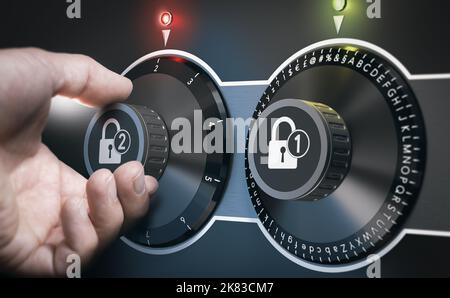 Man turning verification code knob to complete two-factor authentication, 2FA. Composite image between a hand photography and a 3D background. Stock Photo