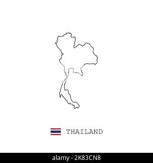 Thailand vector map outline, line, linear. Thailand black map on white background. Thailand flag Stock Vector