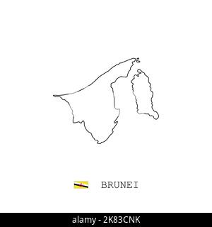 Brunei vector map outline, line, linear. Brunei black map on white background. Brunei flag Stock Vector