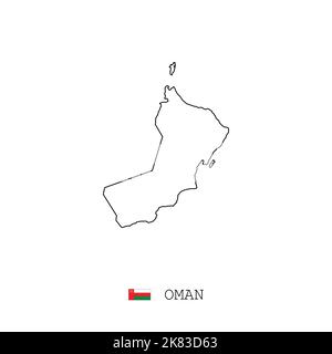 Oman vector map outline, line, linear. Oman black map on white background. Oman flag Stock Vector