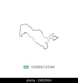 Uzbekistan vector map outline, line, linear. Uzbekistan black map on white background. Uzbekistan flag Stock Vector