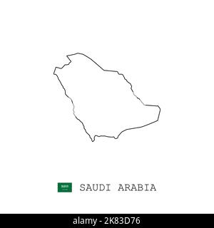 Saudi Arabia vector map outline, line, linear. Saudi Arabia black map on white background. Saudi Arabia flag Stock Vector