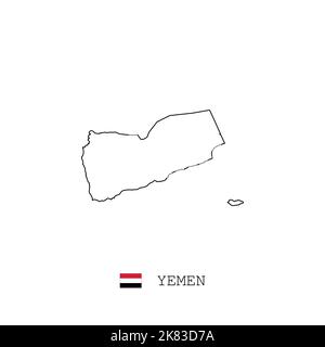 Yemen vector map outline, line, linear. Yemen black map on white background. Yemen flag Stock Vector