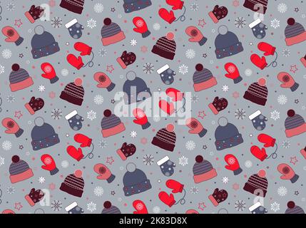 Winter pattern with hats, mittens and snowflakes. Stock Vector