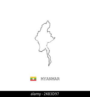Myanmar vector map outline, line, linear. Myanmar black map on white background. Myanmar flag Stock Vector