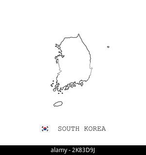 South Korea vector map outline, line, linear. South Korea black map on white background. South Korea flag Stock Vector
