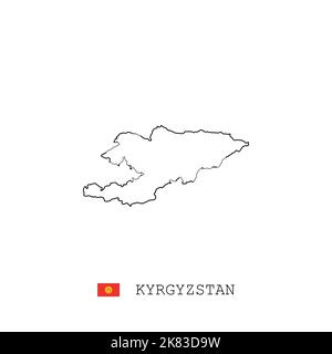 Kyrgyzstan vector map outline, line, linear. Kyrgyzstan black map on white background. Kyrgyzstan flag Stock Vector