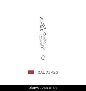 Maldives vector map outline, line, linear. Maldives black map on white background. Maldives flag Stock Vector