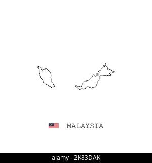 Malaysia vector map outline, line, linear. Malaysia black map on white background. Malaysia flag Stock Vector