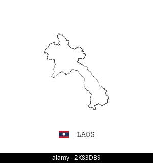 Laos vector map outline, line, linear. Laos black map on white background. Laos flag Stock Vector