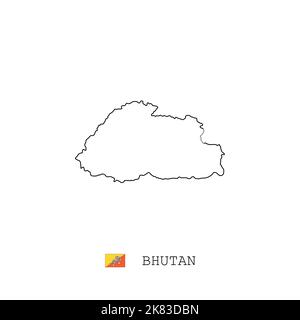 Bhutan vector map outline, line, linear. Bhutan black map on white background. Bhutan flag Stock Vector