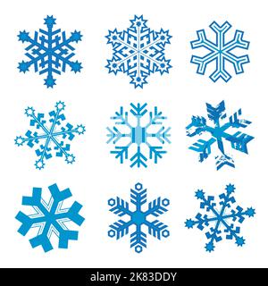 Snowflakes, abstract icons set. Illustration of nine blue decorative ice crystals. Isolated on white background. Vector available. Stock Vector