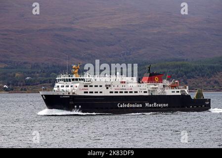 Caledonian MacBrayne, CalMac ferry MV Clansman in the Sound of Mull on the Oban-Coll-Tiree service heading to Oban, Argyll and Bute, Scotland, UK. Stock Photo
