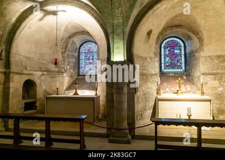 Canterbury, United Kingdom - 10 September, 2022: small chapels with altars in the underground crypt of the historic Canterbury Cathedral Stock Photo