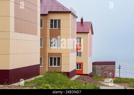 cityscape of the village of Yuzhno-Kurilsk on the island of Kunashir Stock Photo