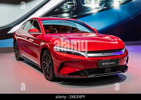 BYD Han all-electric car showcased at the Paris Motor Show, France - October 17, 2022. Stock Photo
