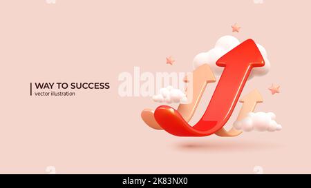 Business Arrow Target Direction - 3D Concept to Success. Realistic 3d design of Way to Success Cover Poster, Persentation, Social Media Poster. in cartoon minimal style. Stock Vector
